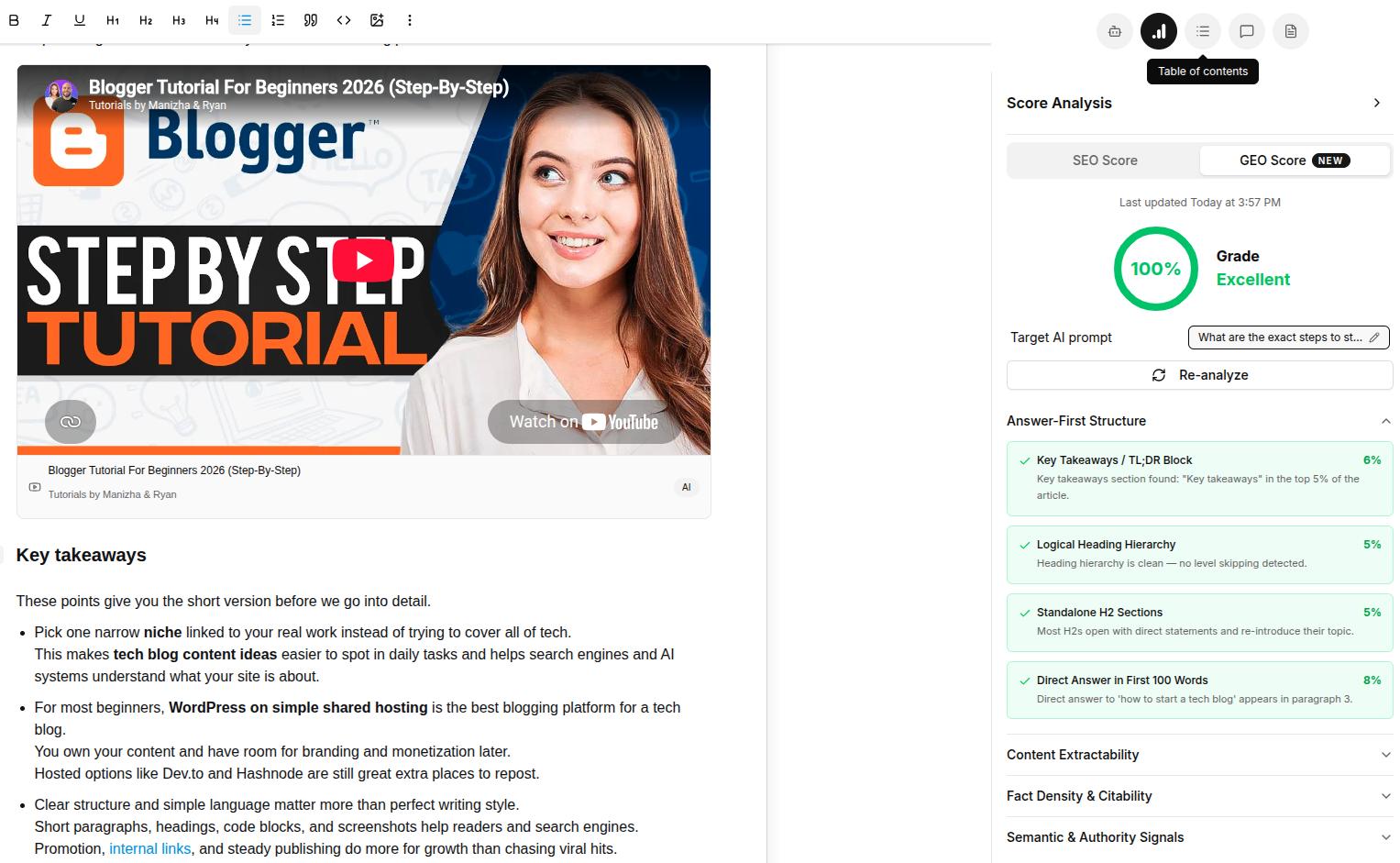 'How to start a tech blog' example in Contentpen with SEO and GEO score.