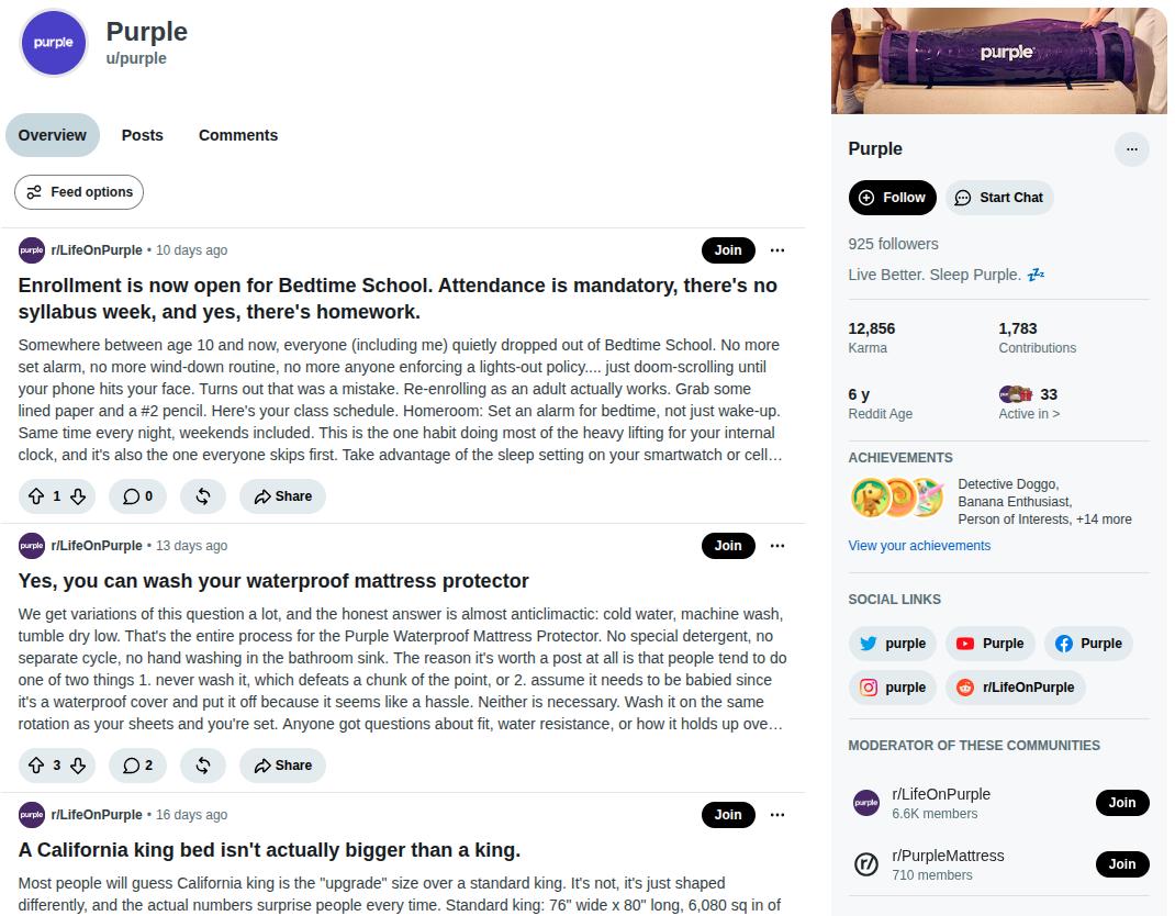 Mattress brand Purple's Reddit with high Karma and contributions.