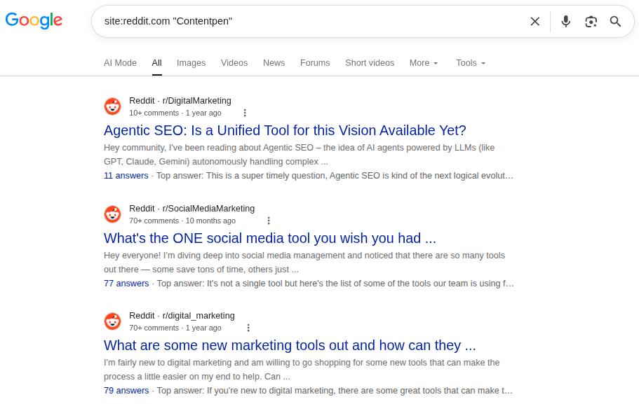 Focused Reddit search for 'Contentpen' to surface top threads.
