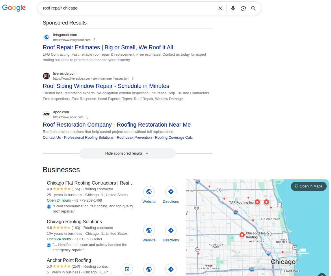 Google search result for keyword 'roof repair Chicago.'