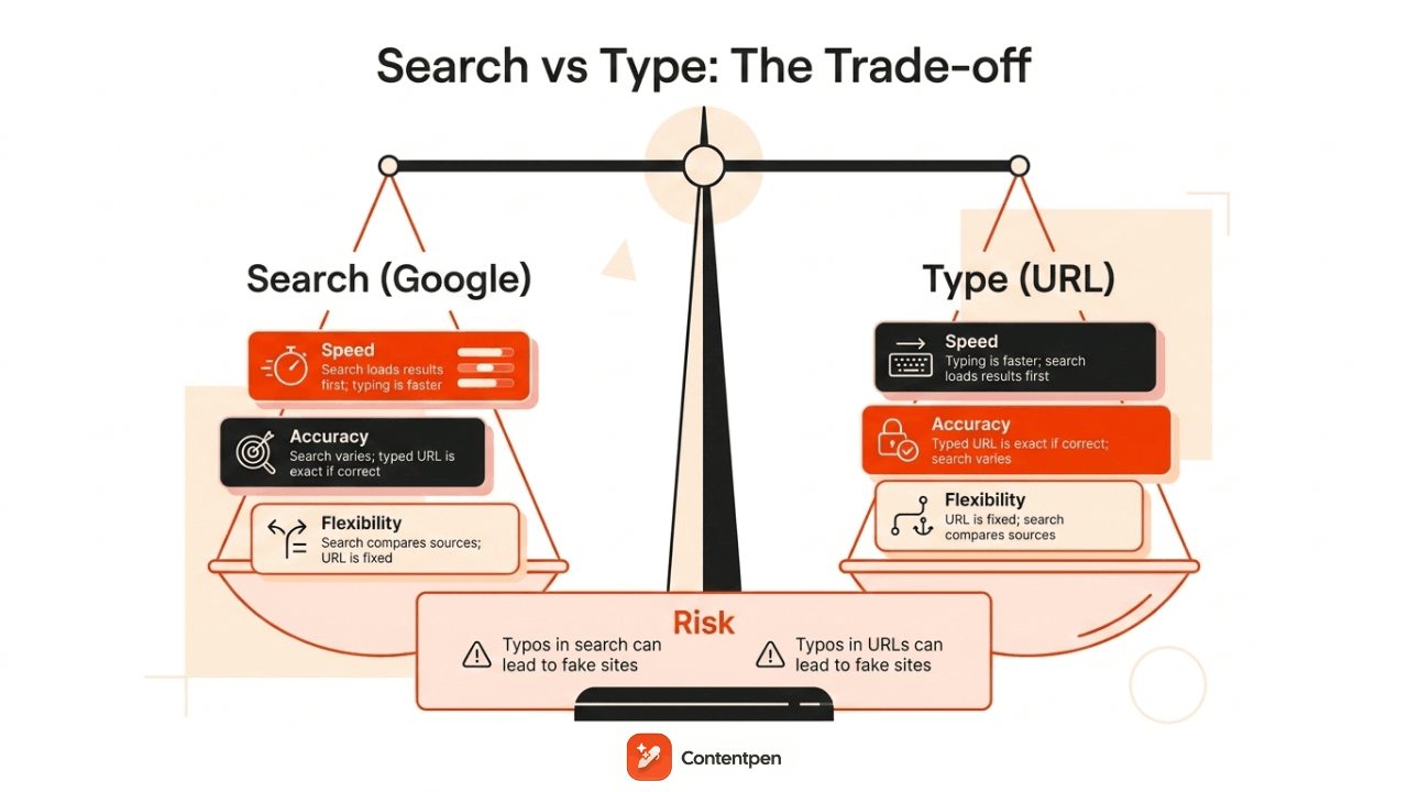 Comparison of search versus typing a URL.