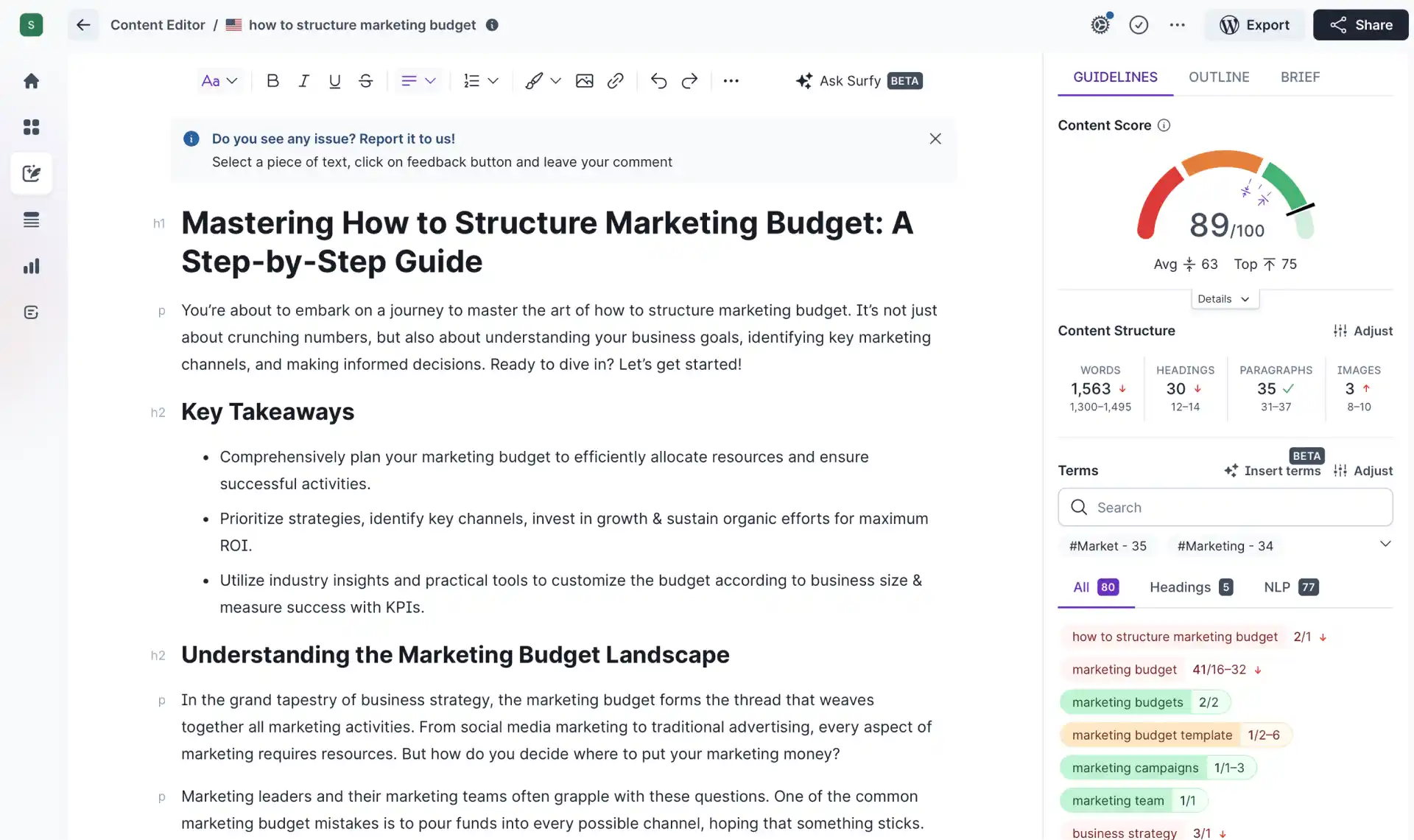 Surfer SEO Content Editor.