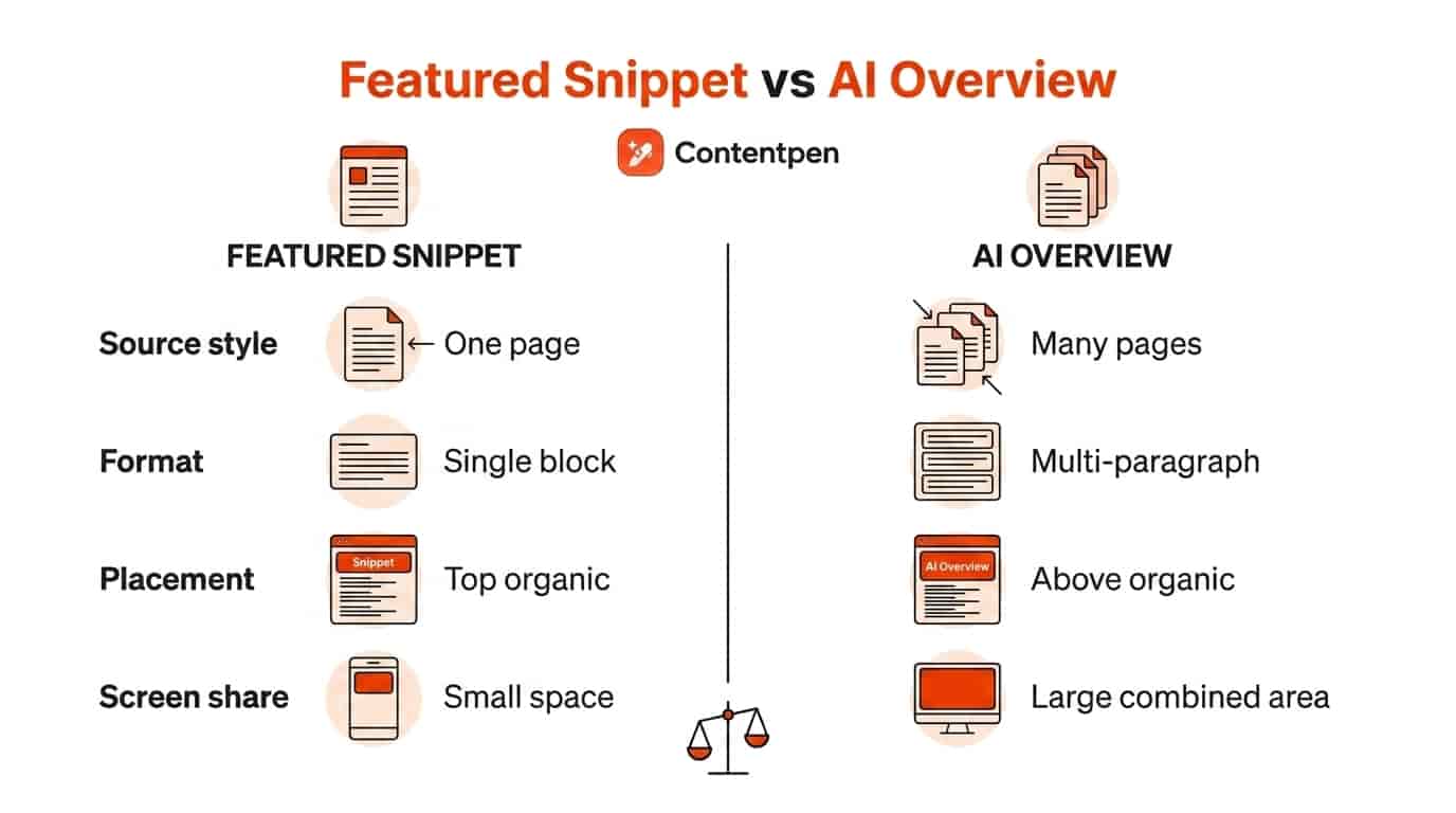 AI Overviews vs. Featured Snippets comparison - Contentpen.ai.