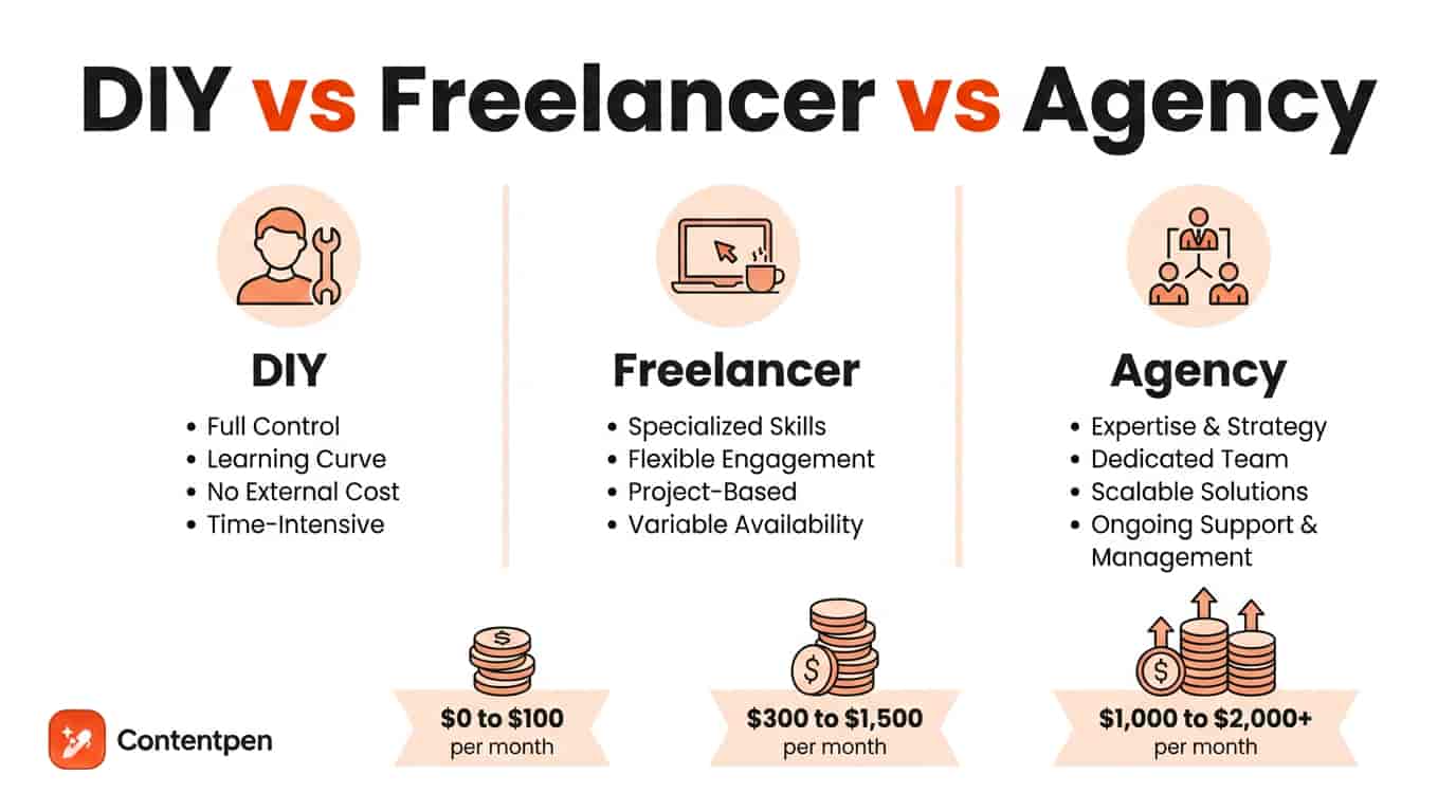 DIY vs freelancer vs agency comparison for small businesses.