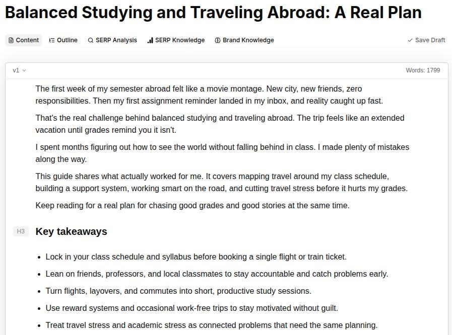Balanced studying and travelling abroad blog example generated with Contentpen.