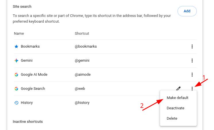 How to make the custom site search shortcut default in Google Chrome.