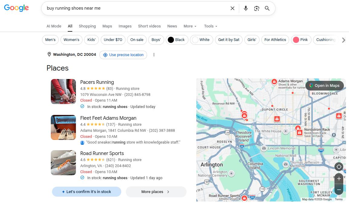 AI Overviews replaced with local business cards and shop names for a transactional, local keyword.