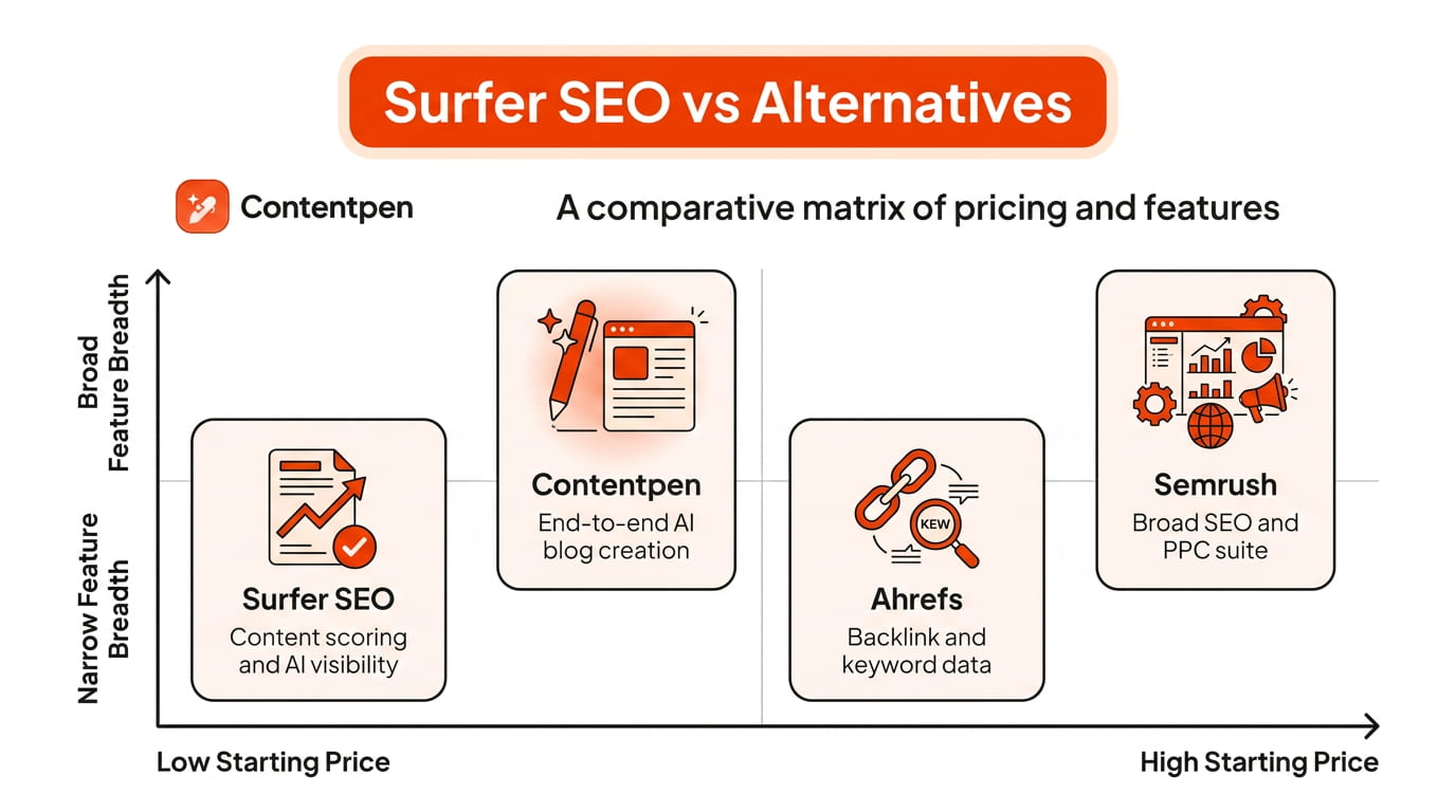 Surfer SEO price and value compared with competitors - Contentpen.ai.