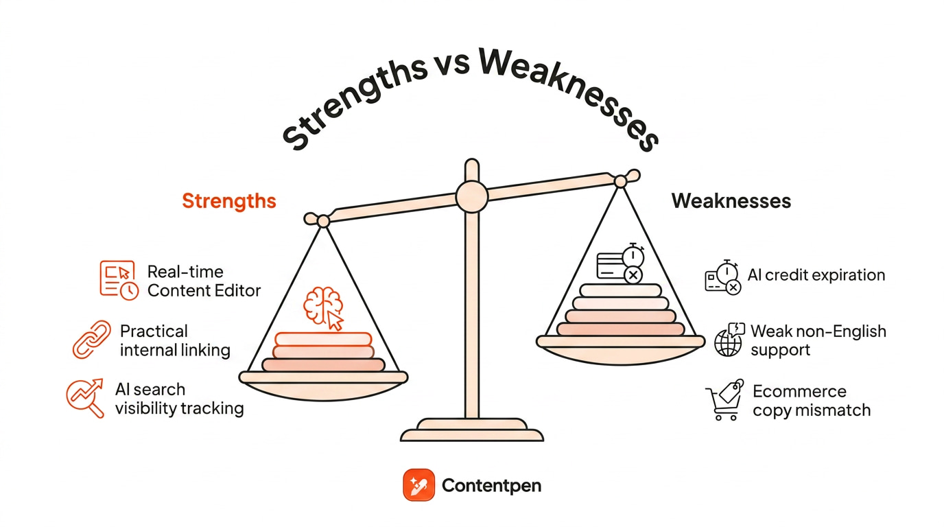 Surfer SEO strengths vs. weaknesses 2026.