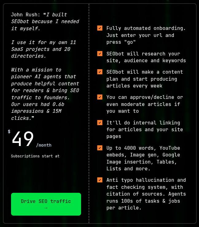 SEObot pricing plans.