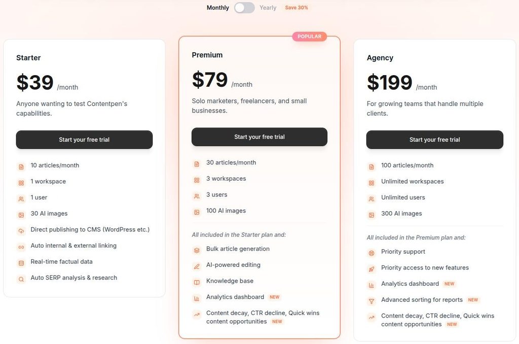 Contentpen SEO platform pricing.