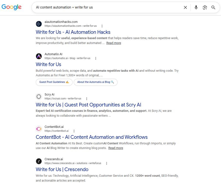 Searching for guest posting sites with the search operator on Google.