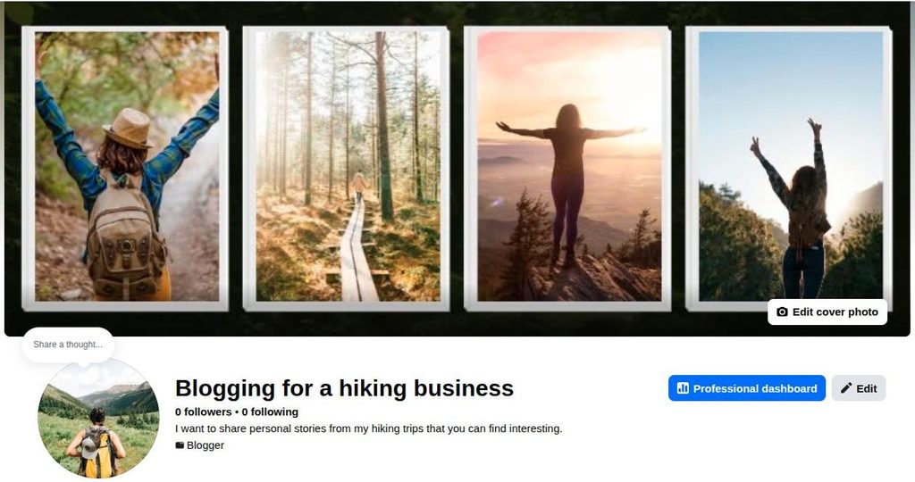 A finalized Facebook Page for a hiking business with cover and profile photo uploaded.