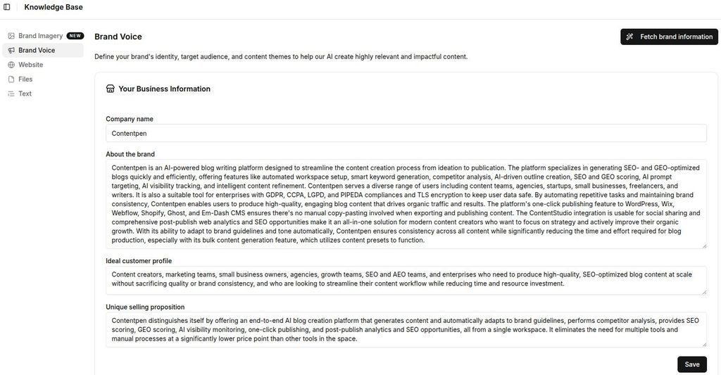 Brand voice settings inside Contentpen.ai.