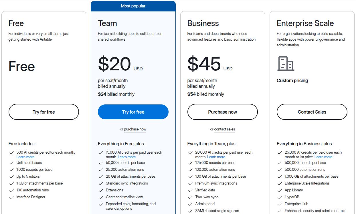 Airtable pricing 2026.