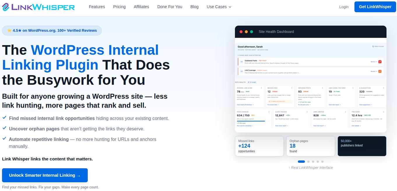 LinkWhisper landing page.