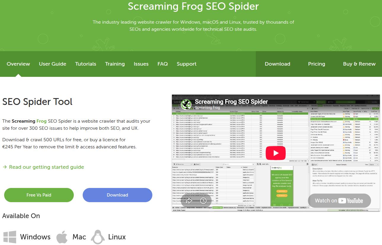 Screaming Frog landing page.