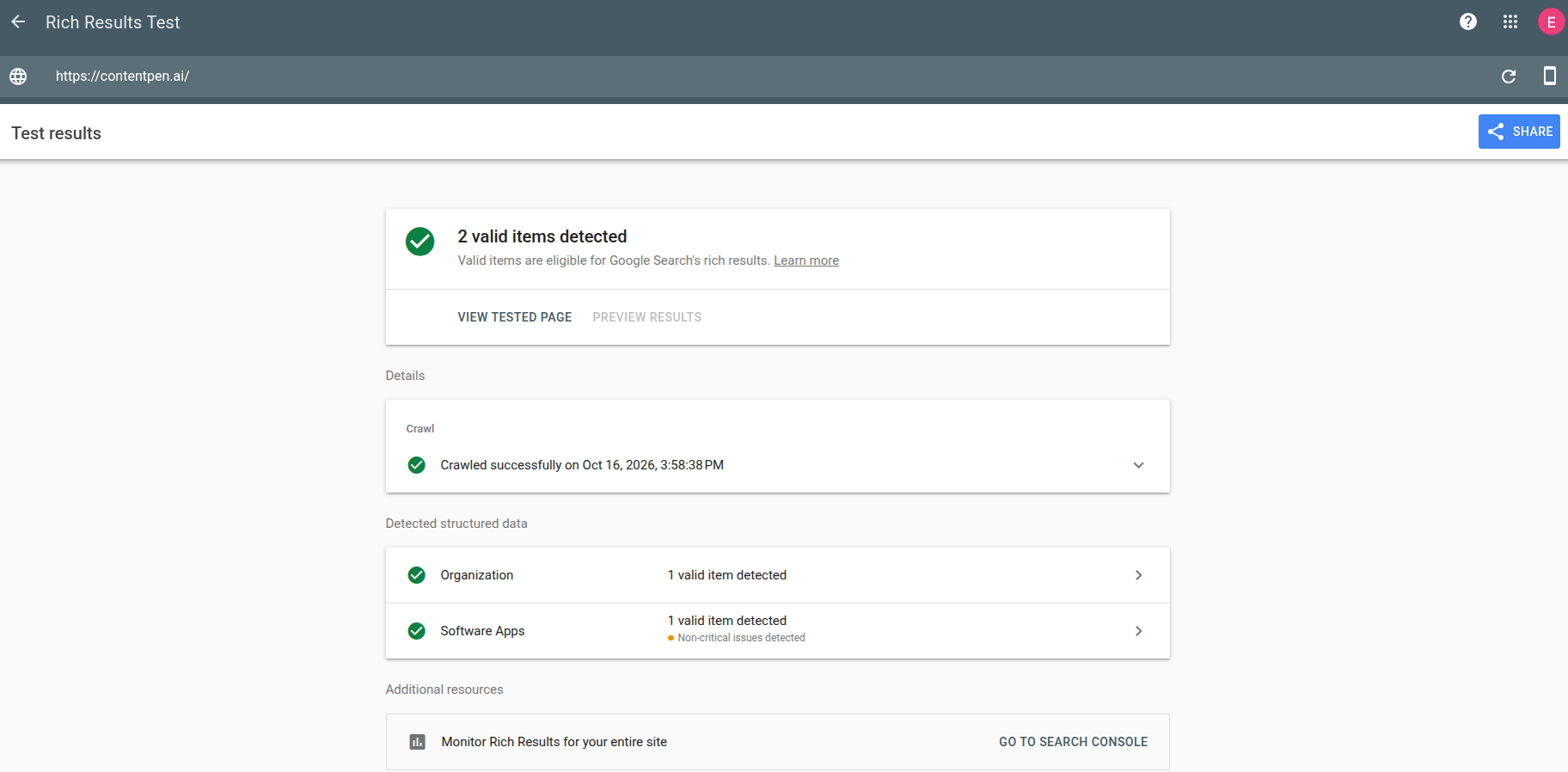 esting a schema markup example in Google's Rich Results Test